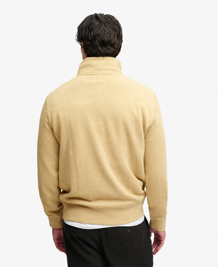 Men's tan half-zip sweater top, back view, ribbed collar and hem