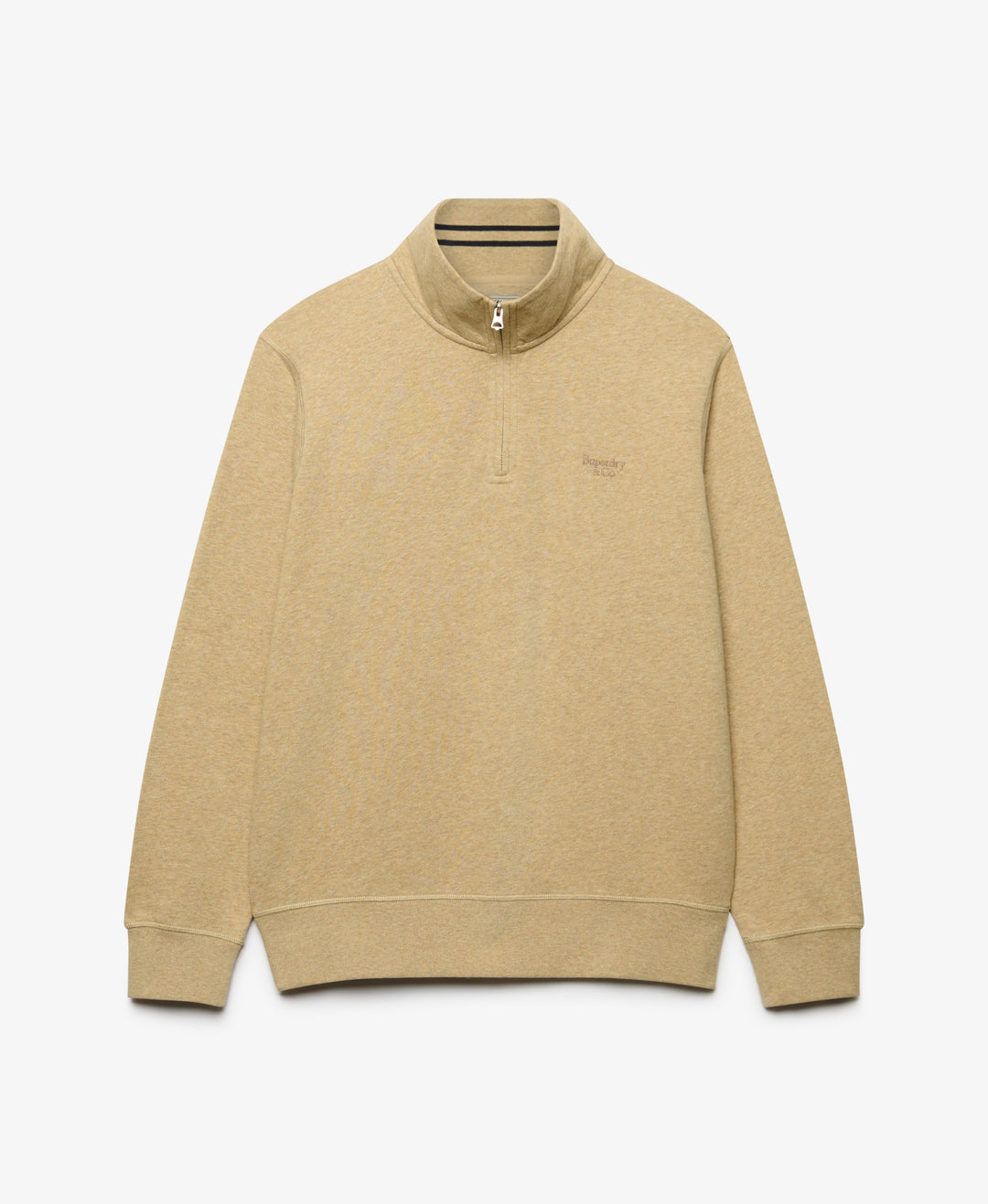 Men's tan marl half-zip knit top with ribbed cuffs and hem