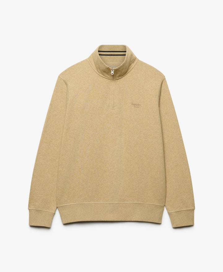 Men's tan marl half-zip knit top with ribbed cuffs and hem