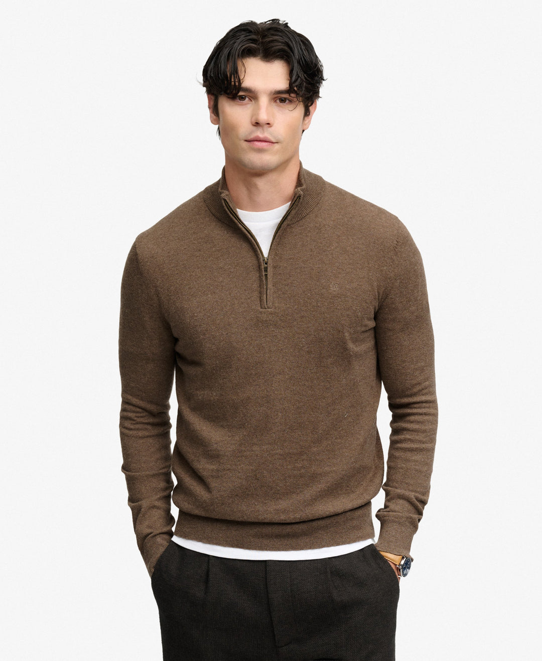 Men's brown marl half-zip knit sweater with ribbed collar and cuffs