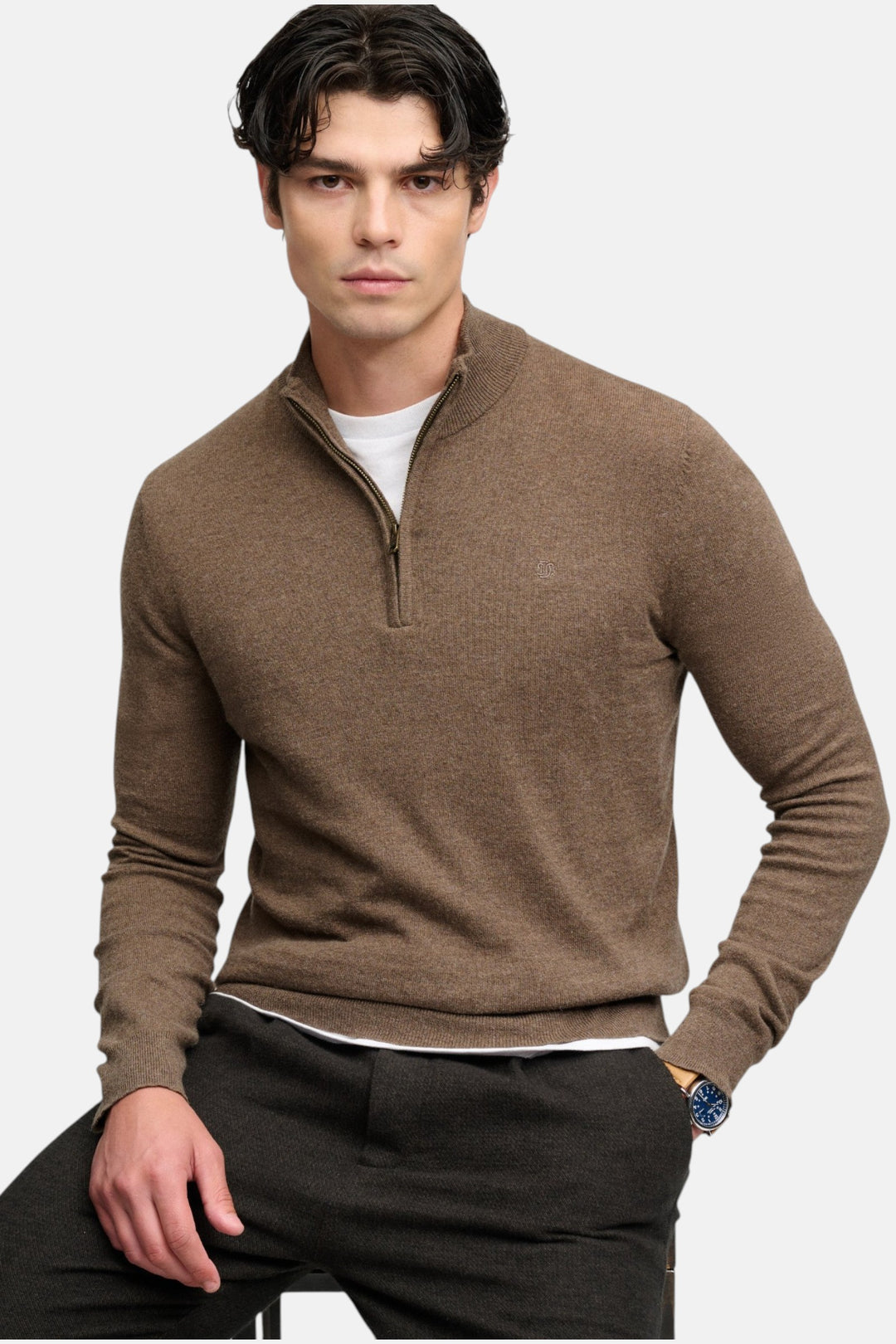 Men's brown half-zip sweater with ribbed hem and cuffs, angled front view