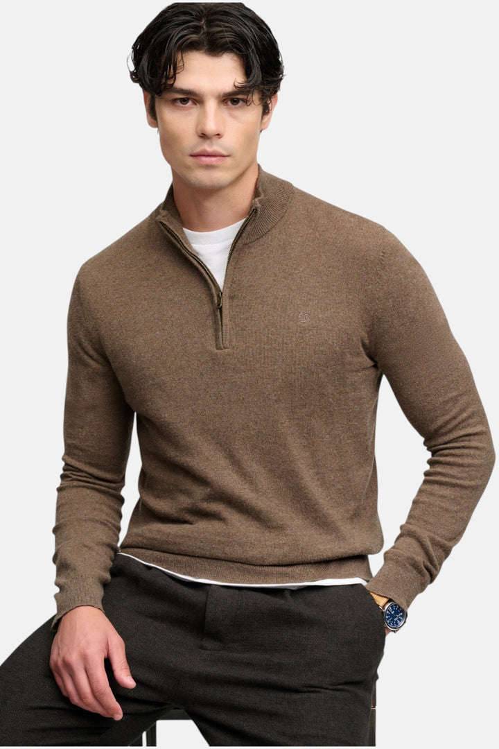 Men's brown half-zip sweater with ribbed hem and cuffs, angled front view
