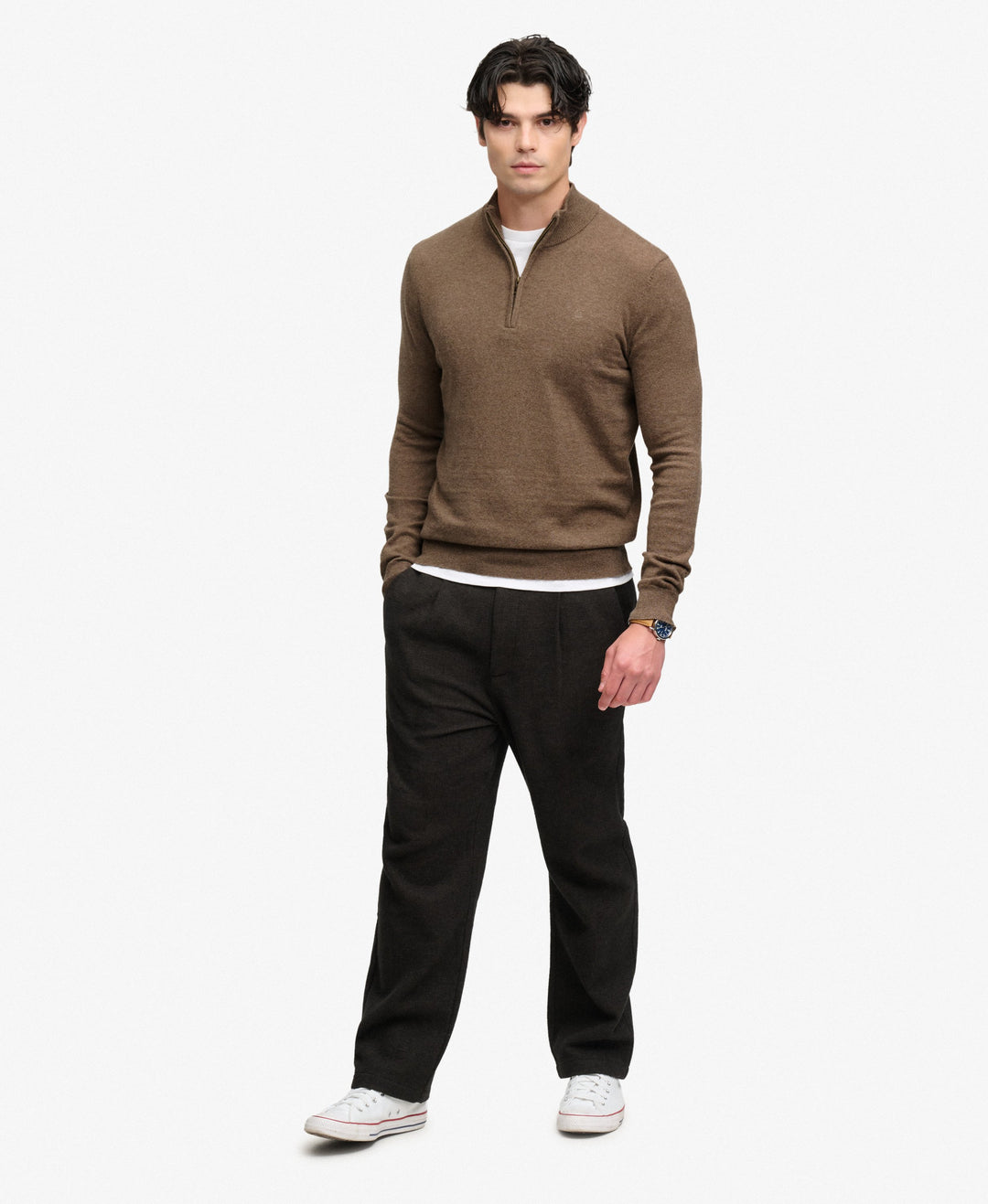 Men's brown half-zip knit sweater with ribbed cuffs and straight hem