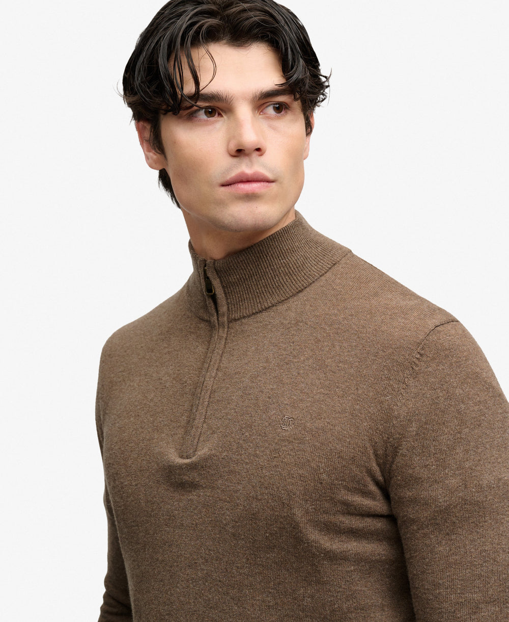 Men's brown marl half-zip knit sweater with stand collar detail