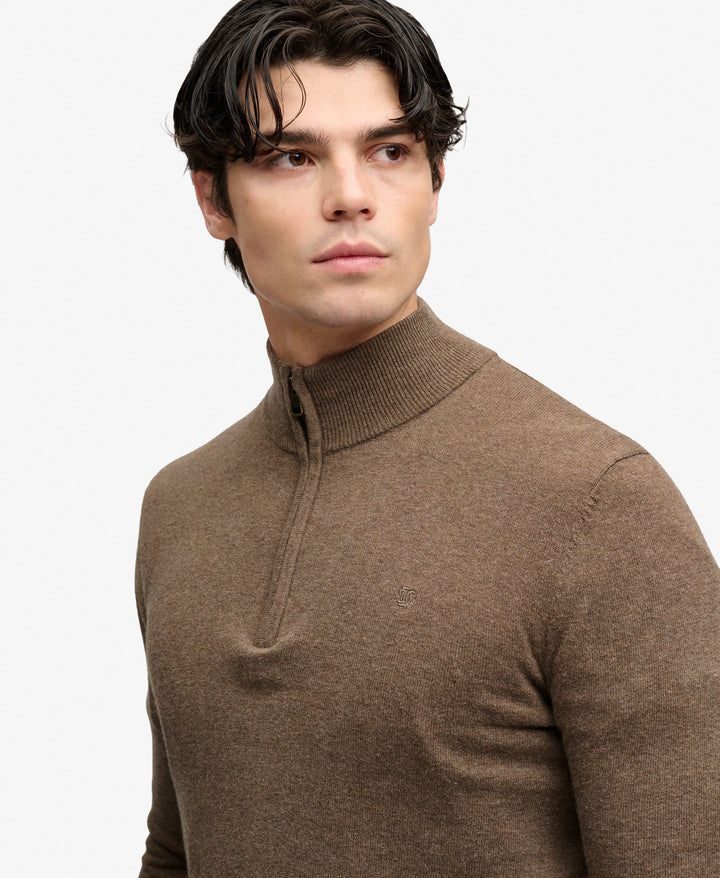 Men's brown marl half-zip knit sweater with stand collar detail