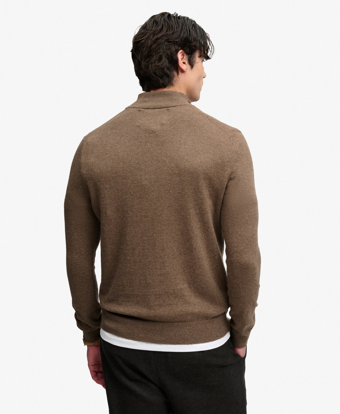Men's brown marl half-zip knit sweater, back view