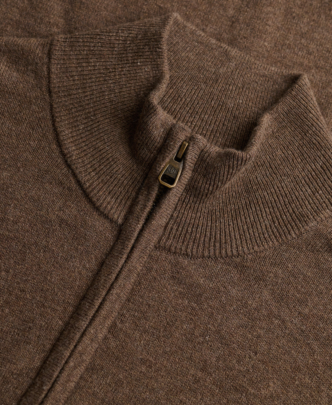 Brown marl half-zip sweater knit with zipper placket and ribbed collar