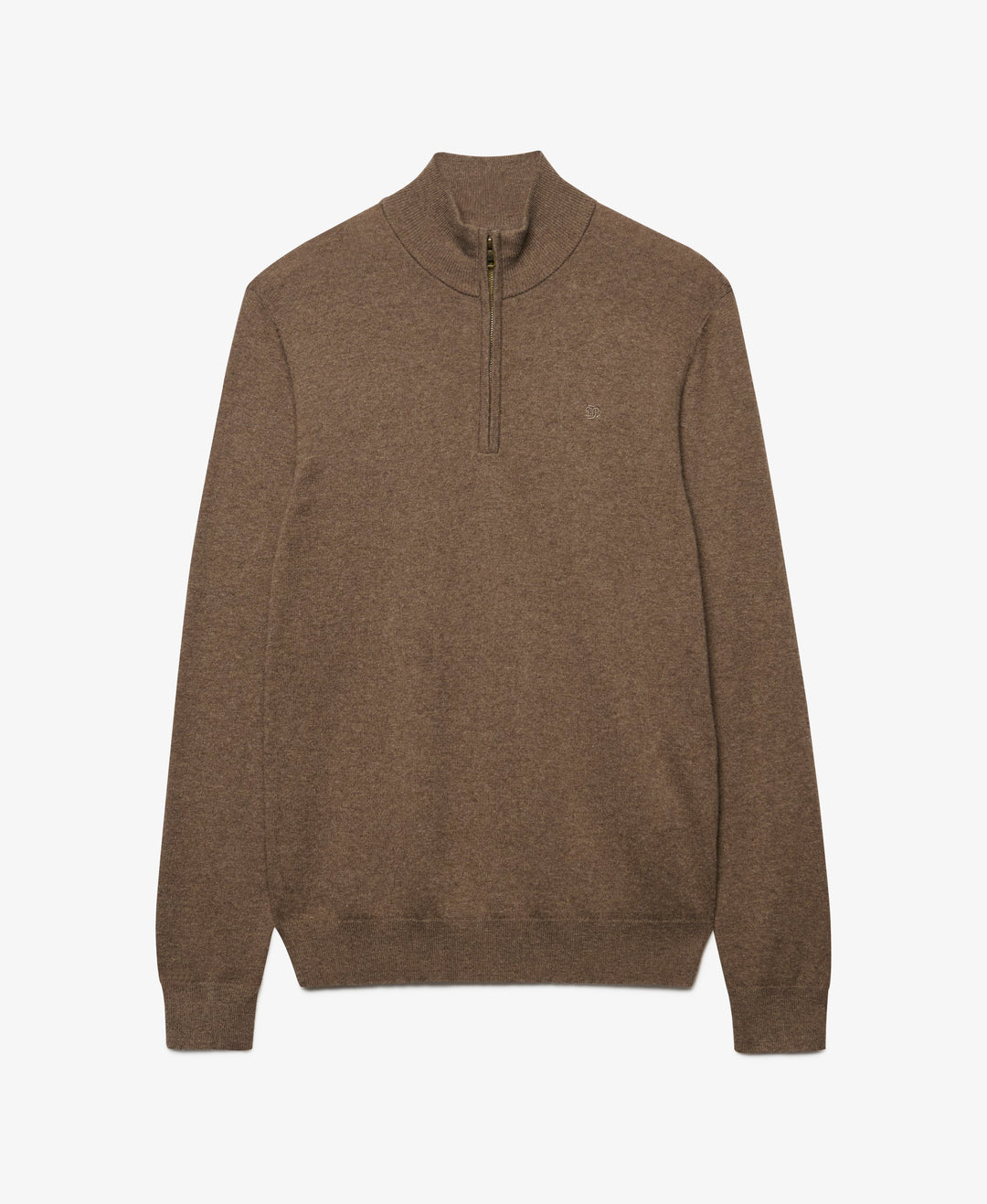 Brown marl half-zip pullover sweater with stand collar and long sleeves