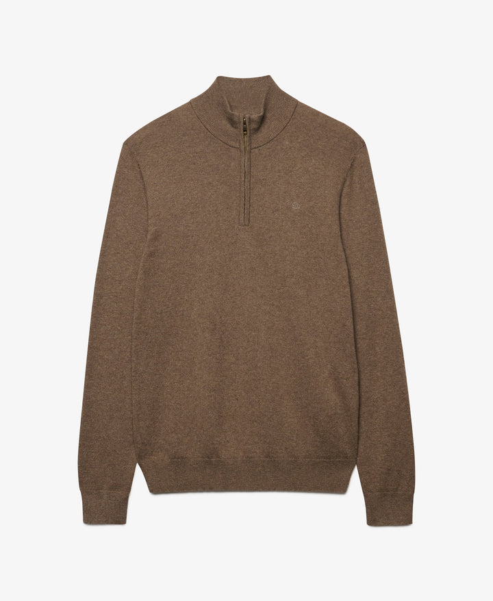 Brown marl half-zip pullover sweater with stand collar and long sleeves