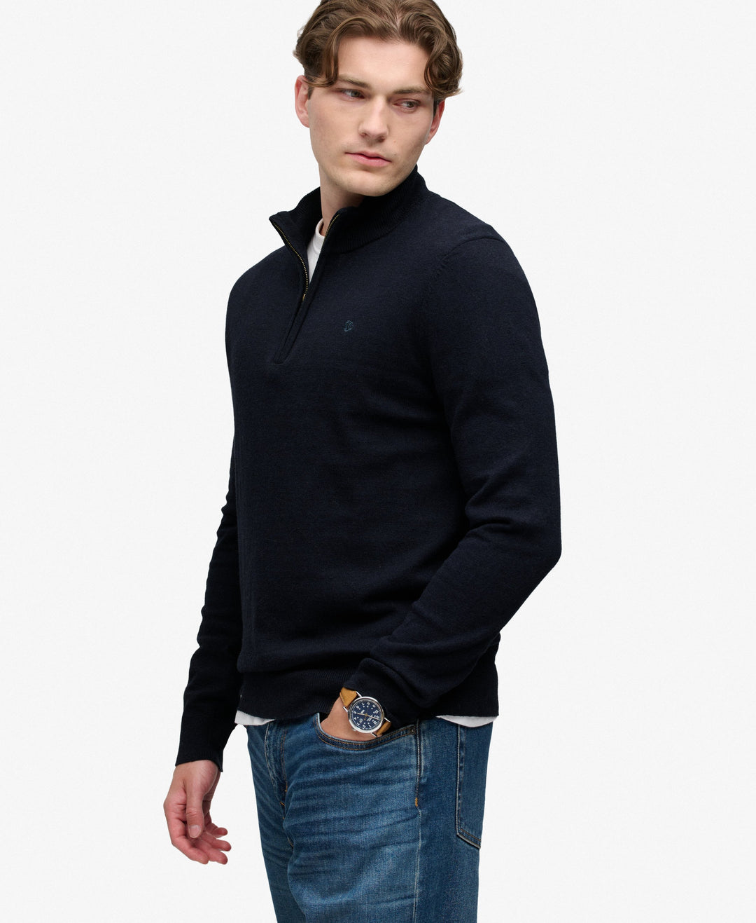 Navy half-zip sweater with stand collar and small embroidered chest logo
