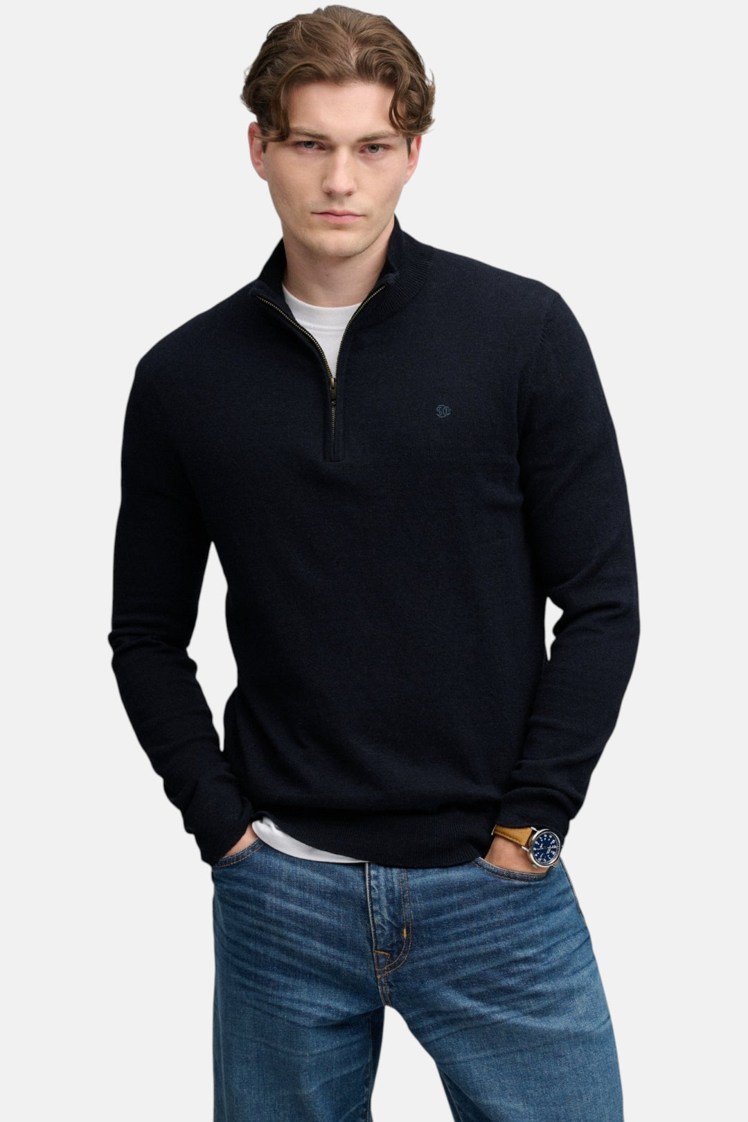 Navy half-zip pullover sweater, slim fit, with zip and small chest logo