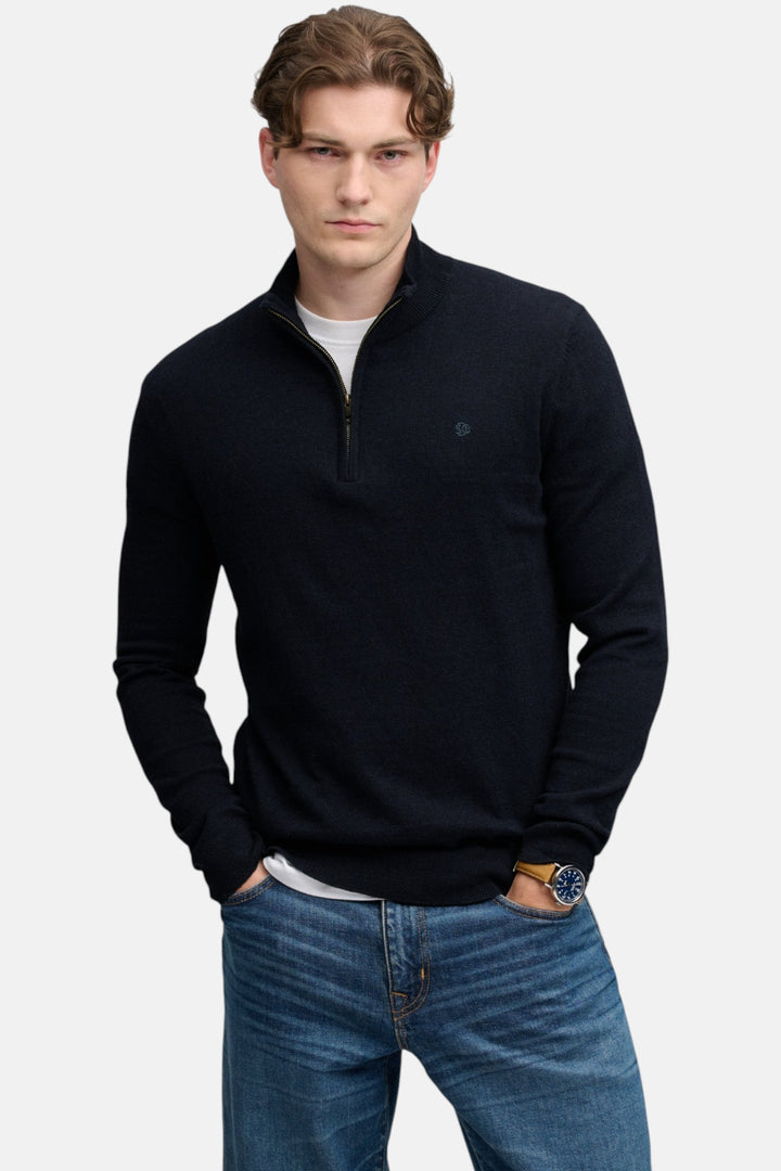 Navy half-zip pullover sweater, slim fit, with zip and small chest logo