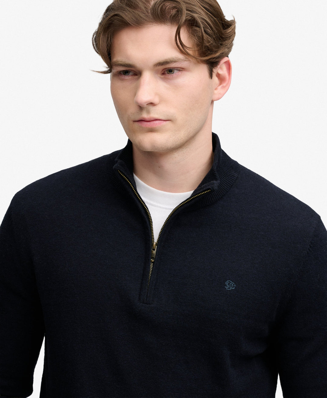 Navy half-zip sweater close-up with stand collar and small chest logo