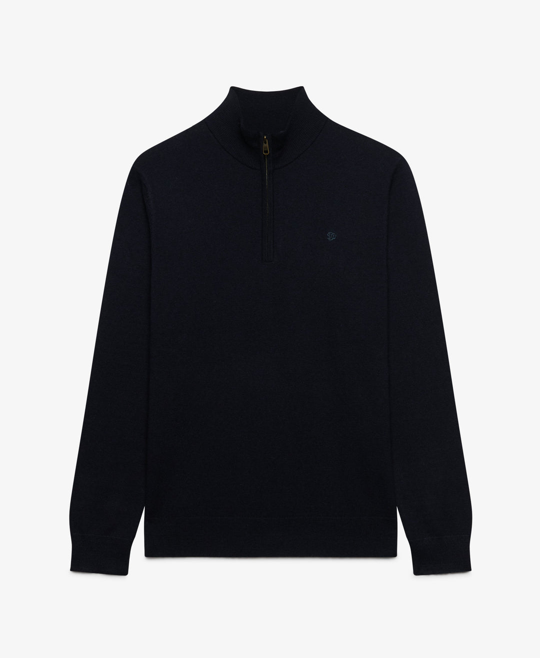 Navy lightweight half-zip sweater with stand collar and zip front