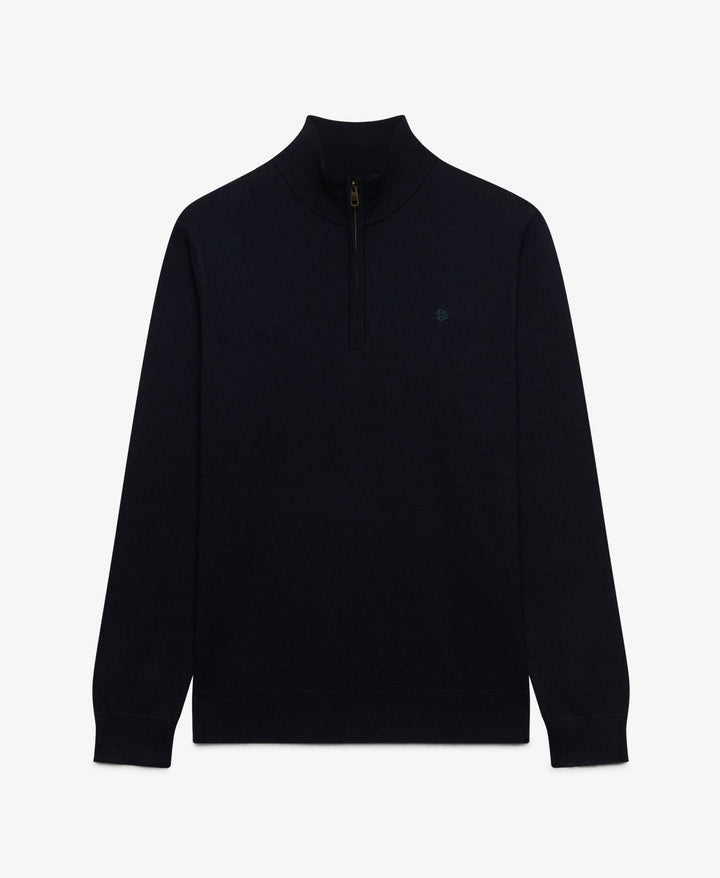 Navy lightweight half-zip sweater with stand collar and zip front