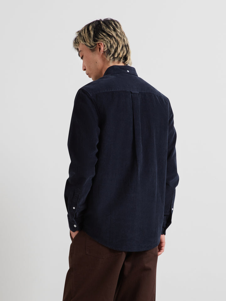 Navy long-sleeve button shirt, back view, point collar.