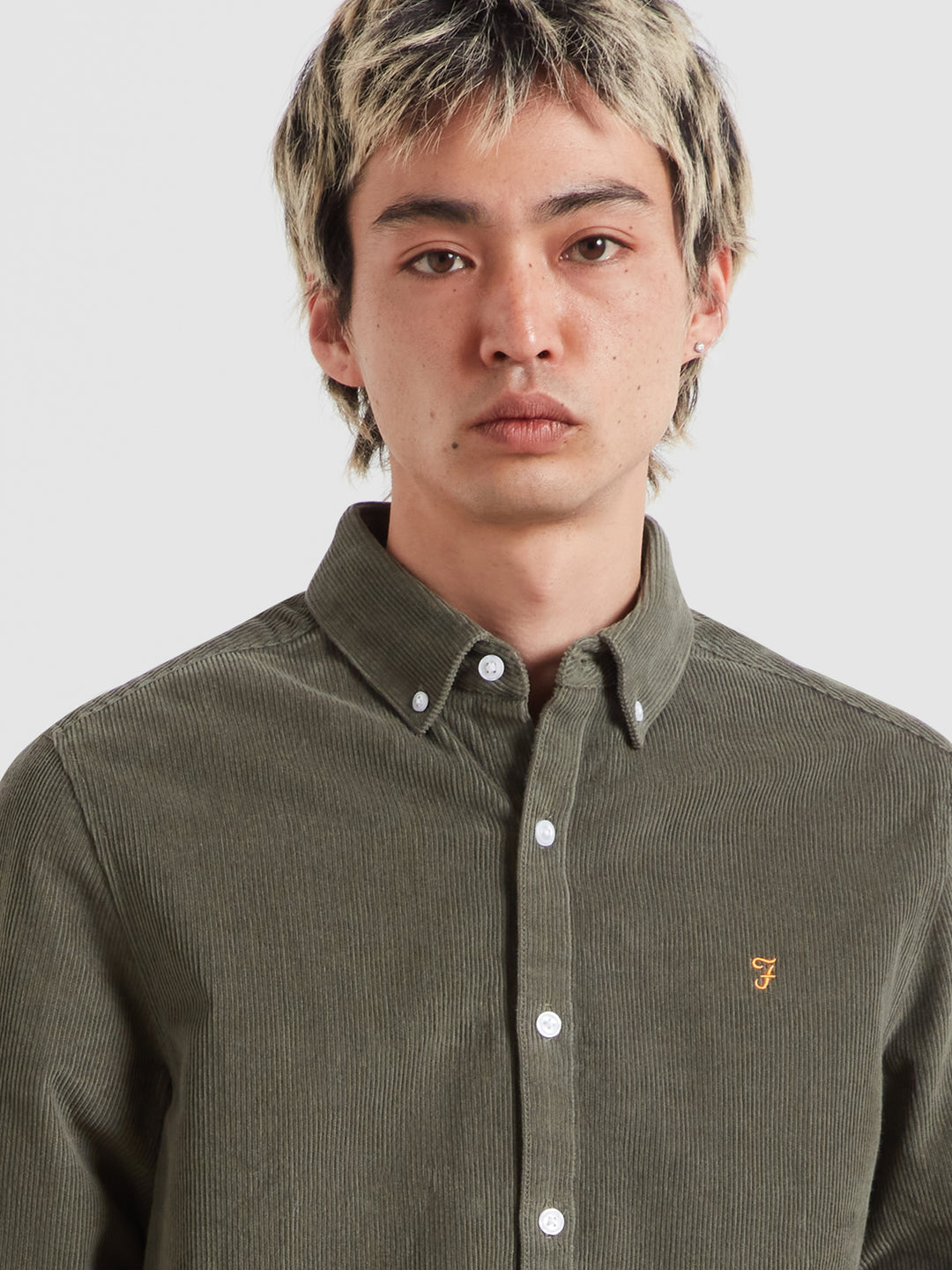 Long-sleeve button-down shirt in dark green corduroy, button front and collar