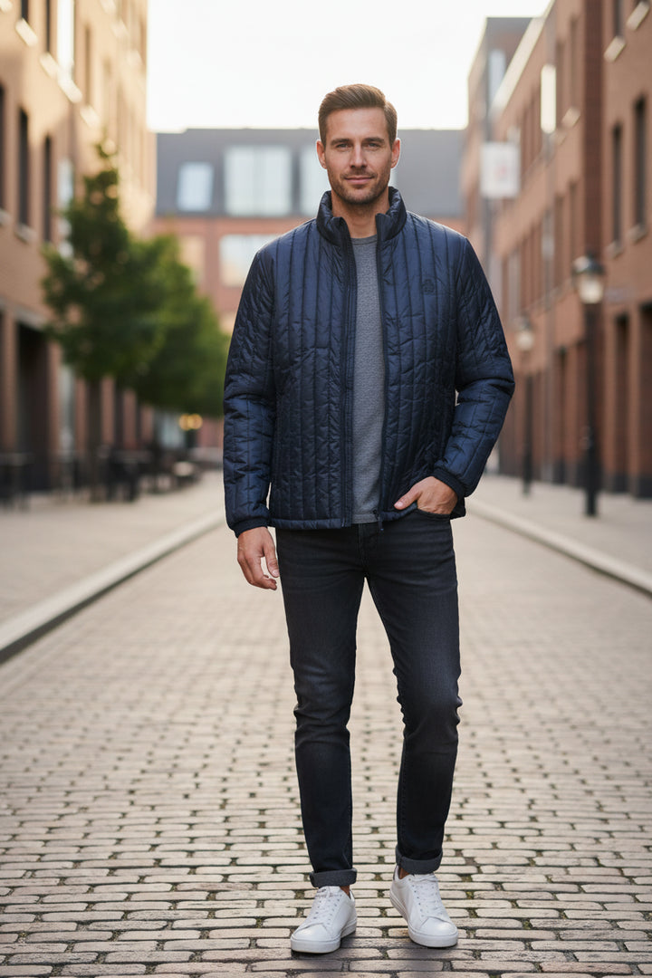 Dark sapphire quilted jacket with full zip and stand collar, side pockets