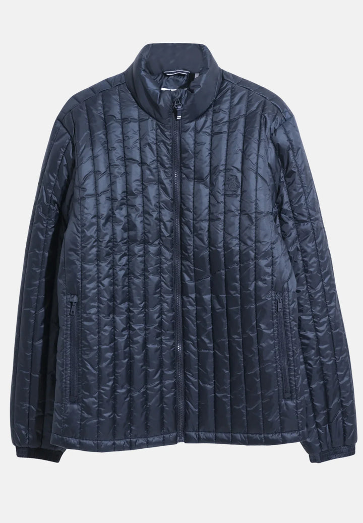 Dark sapphire quilted jacket front, full zip and stand collar, long sleeves