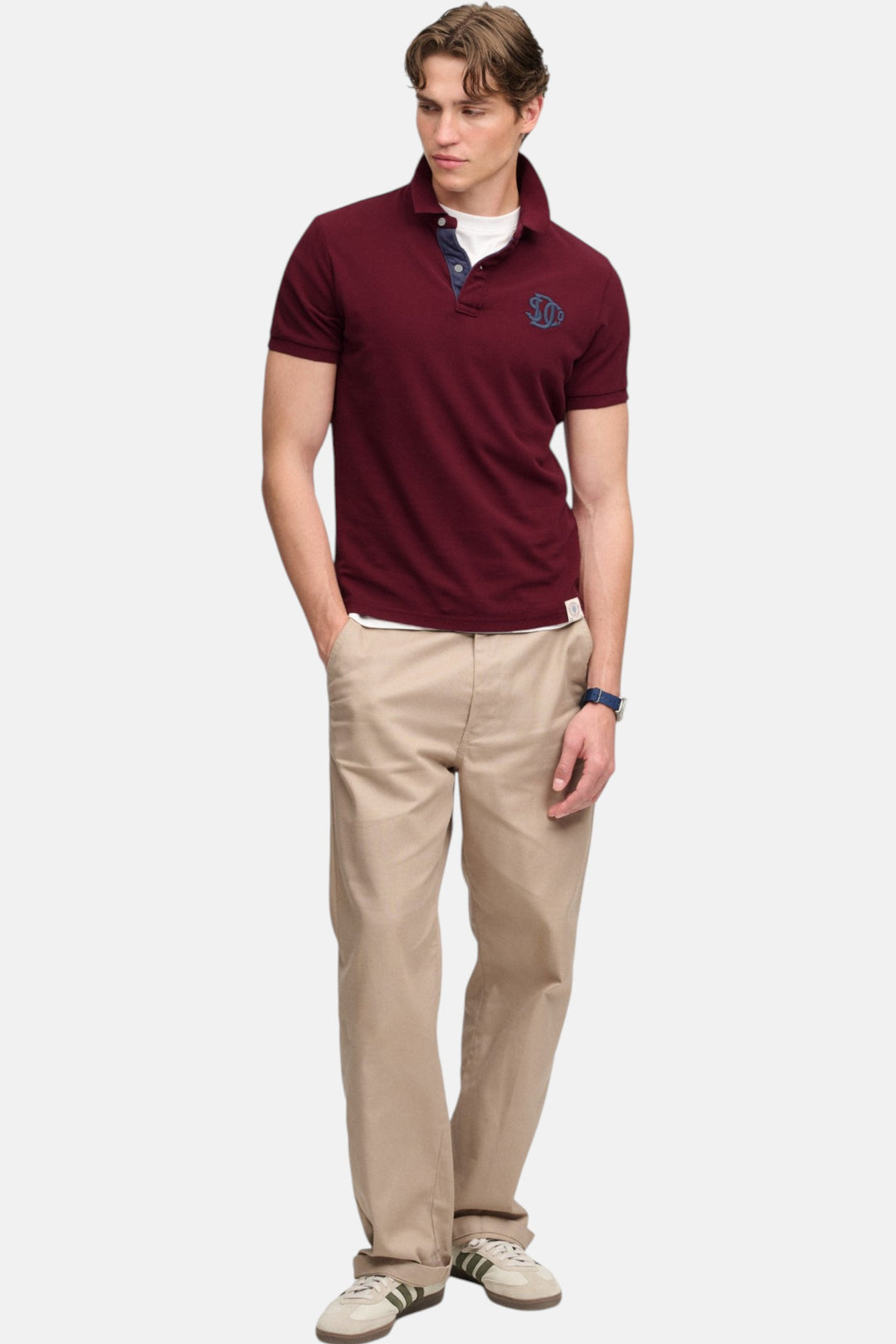 Port burgundy pique polo shirt with contrast collar and embroidered chest monogram logo