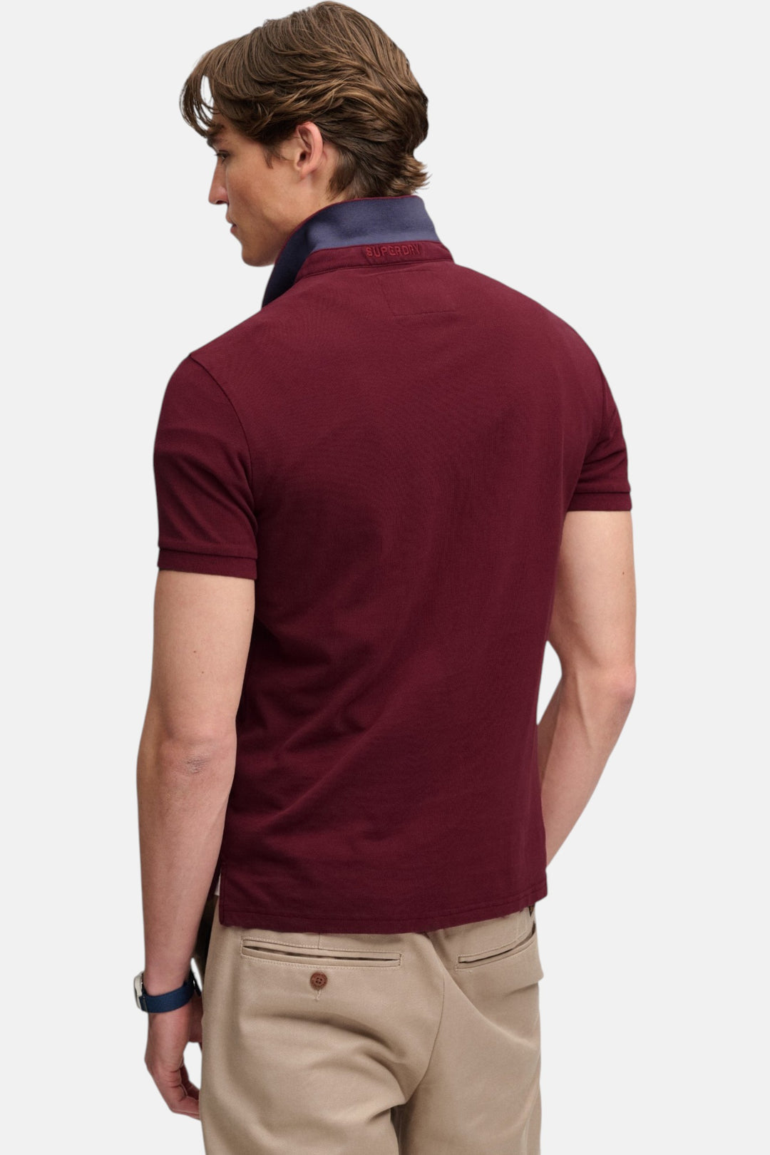 Port burgundy pique polo shirt with contrast collar, button placket, short sleeves