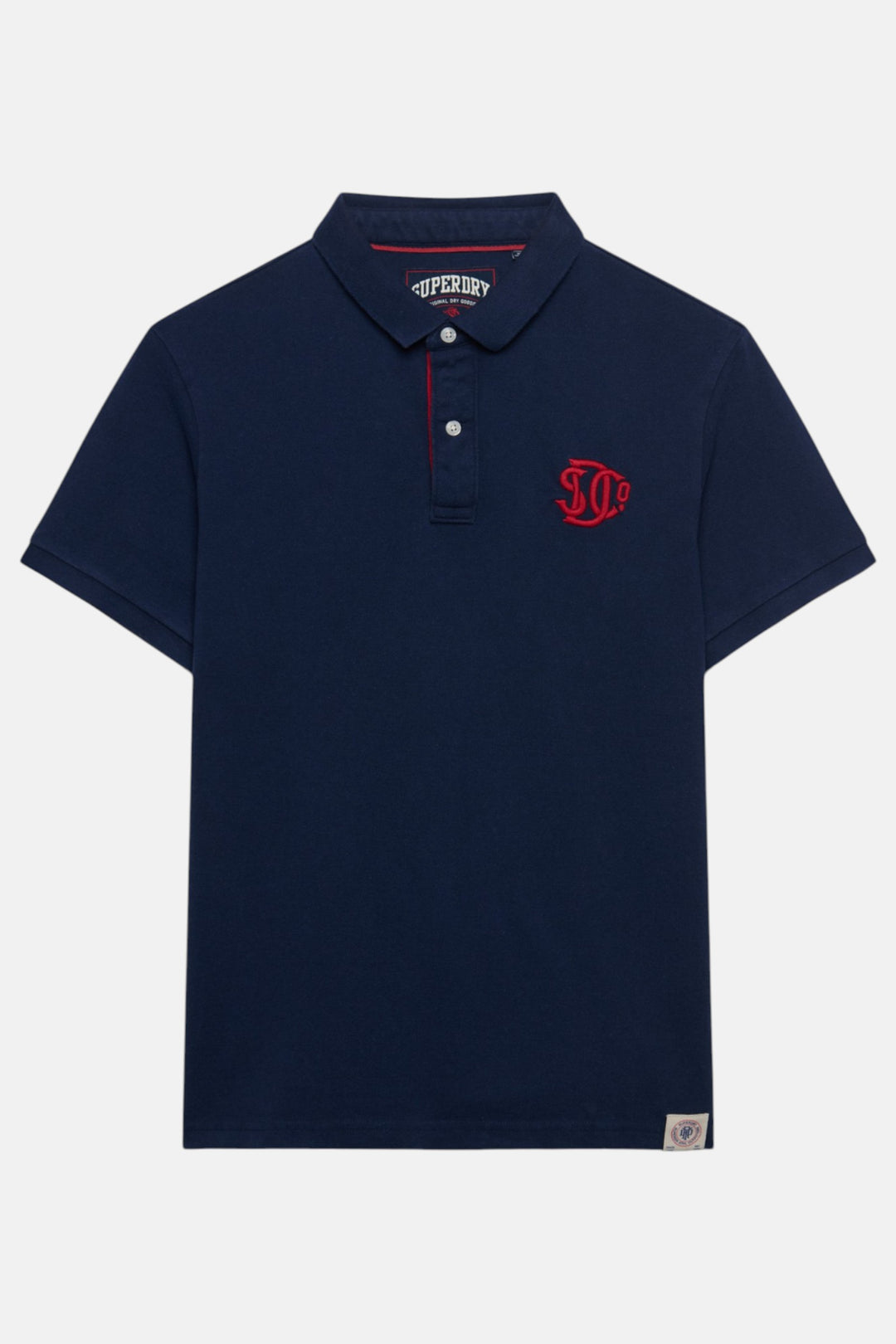Dark navy pique monogram polo shirt with red embroidered logo, button placket and collar