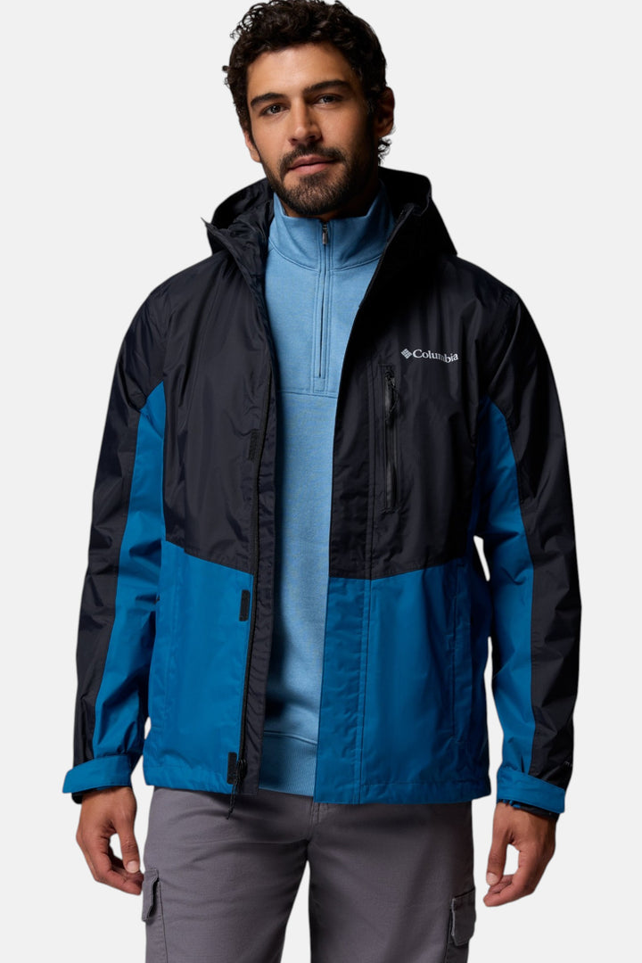 Men's Columbia colorblock jacket with zip front and black-and-blue paneling