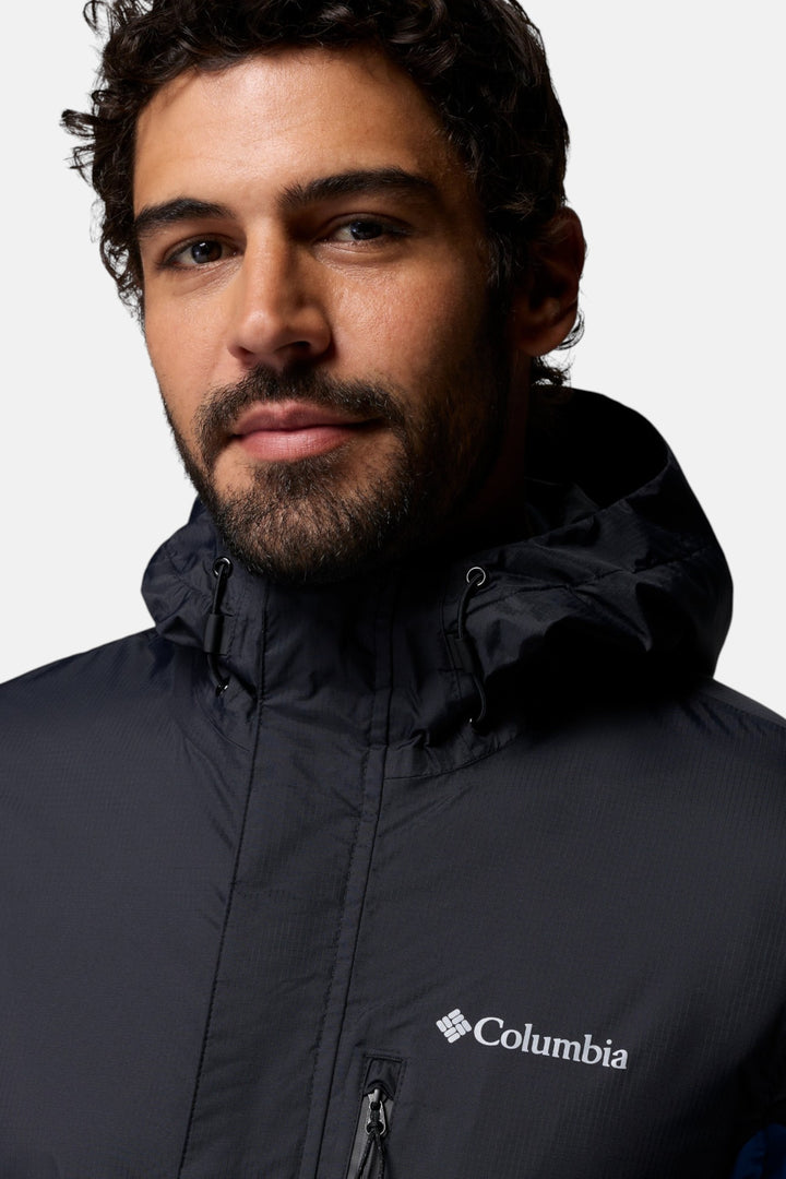 Men's Columbia hooded jacket front with chin-zip and chest logo detail
