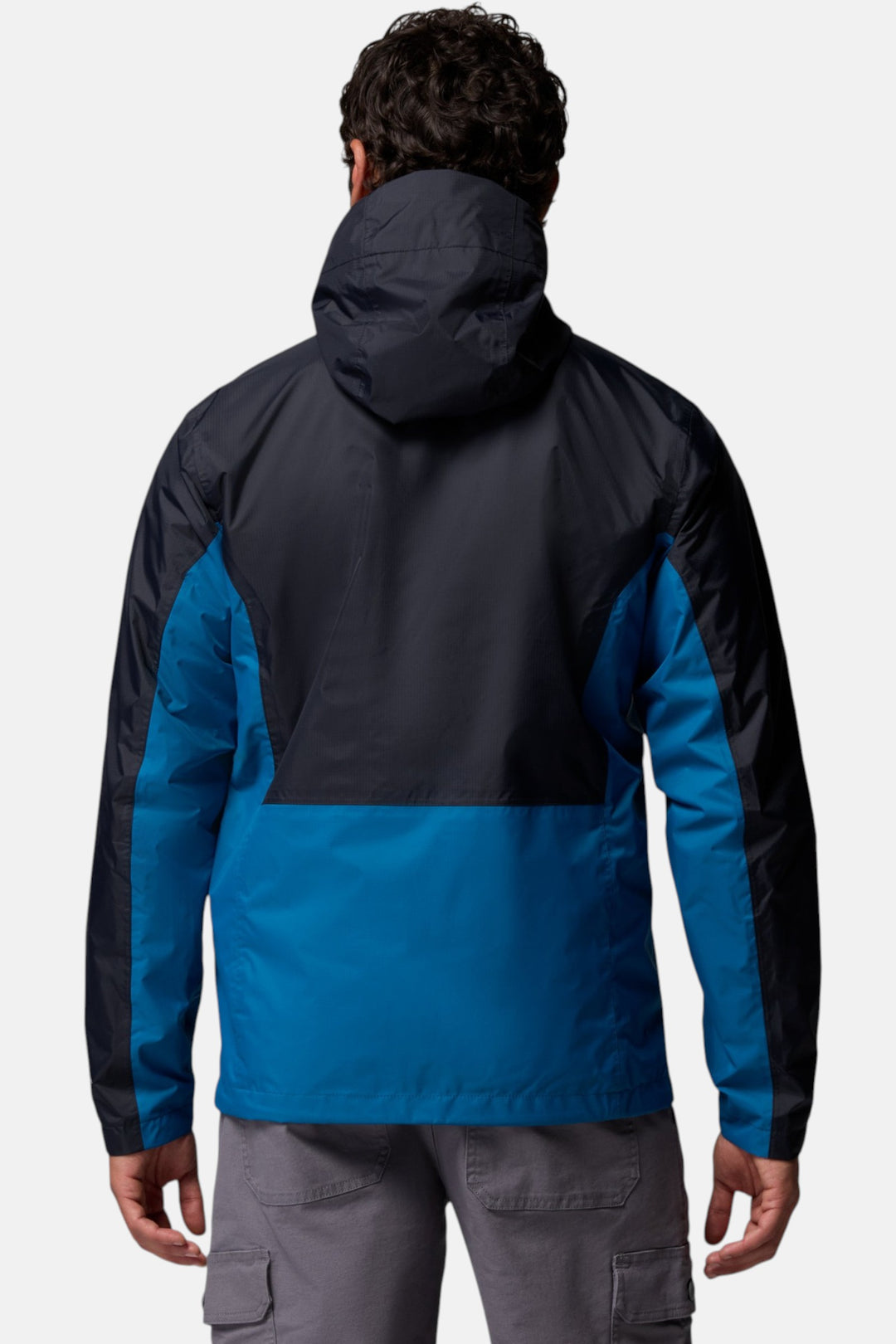Men's hooded colorblock jacket, black back with bright blue front panels