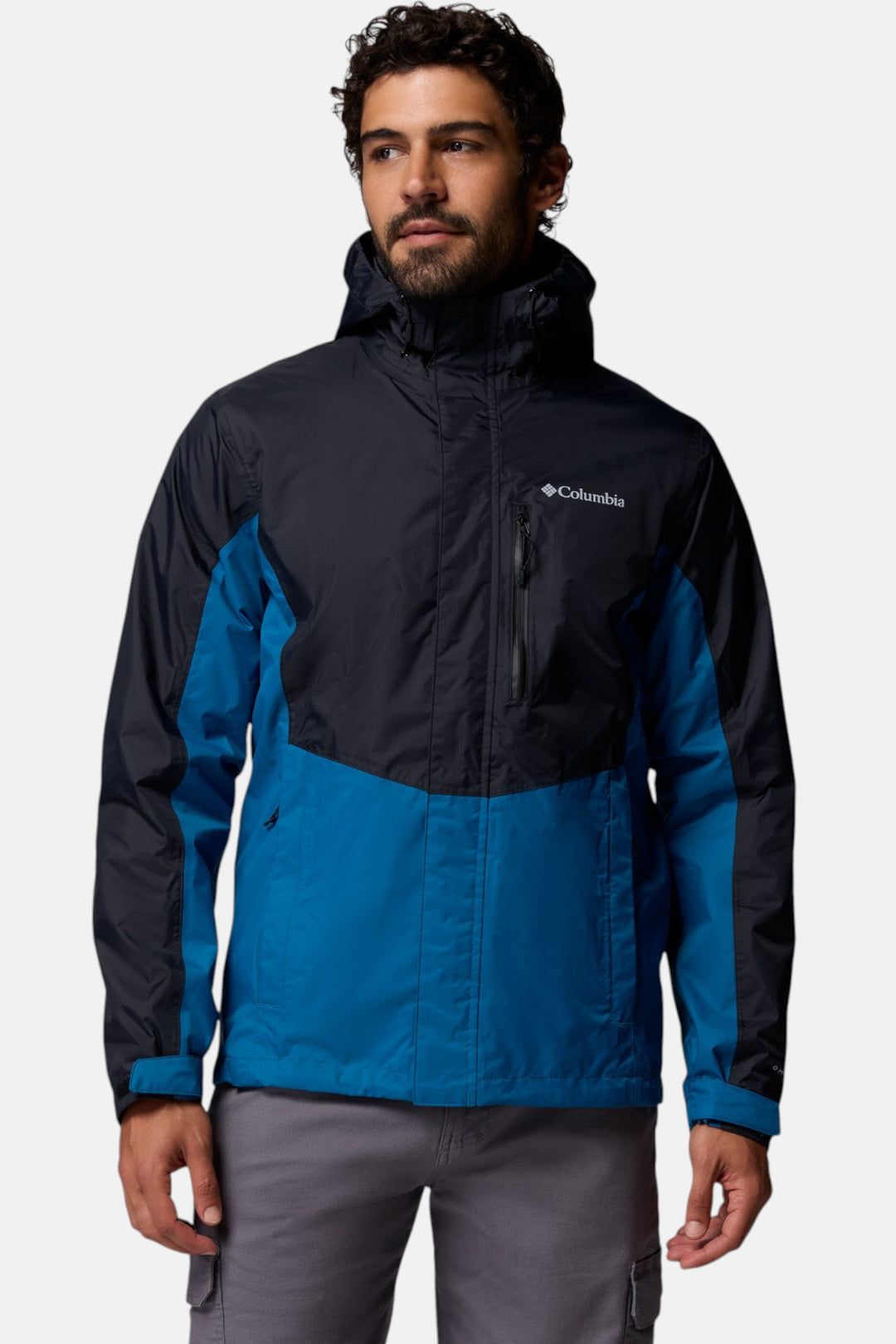 Men's hooded Columbia jacket with full-zip front and black-and-blue color blocks