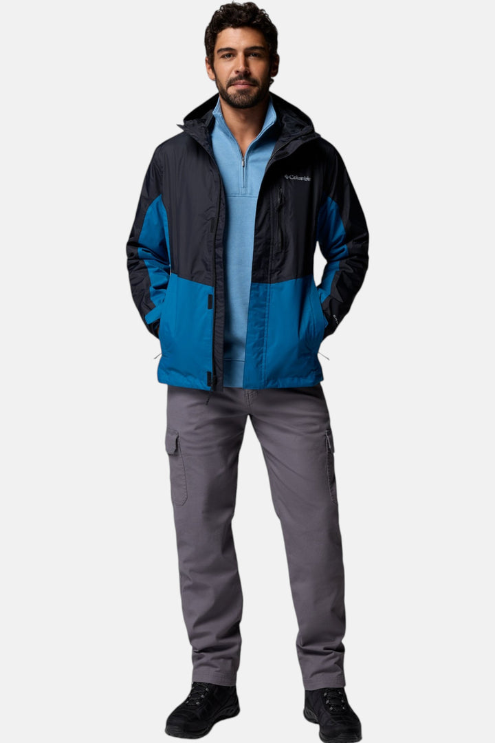 Men's Columbia colorblock jacket with stand collar, black outer and blue panels