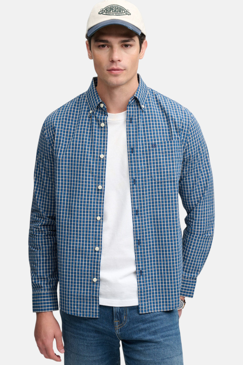 Poplin long-sleeve blue check shirt with button-front and chest pocket