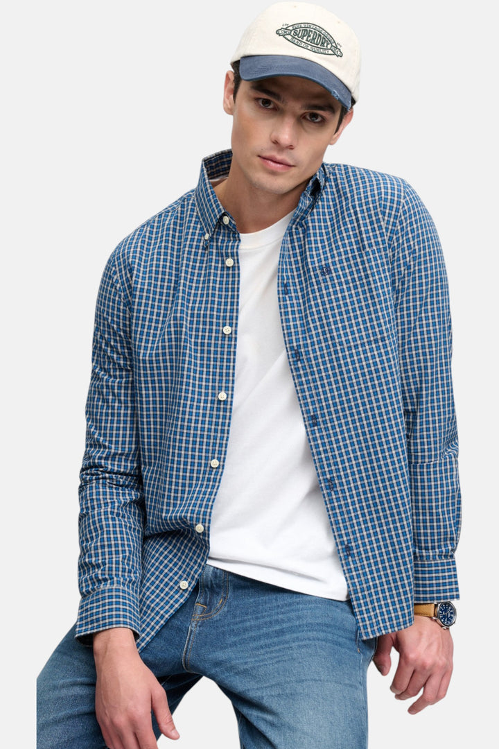 Poplin long-sleeve blue check shirt with button-front and point collar