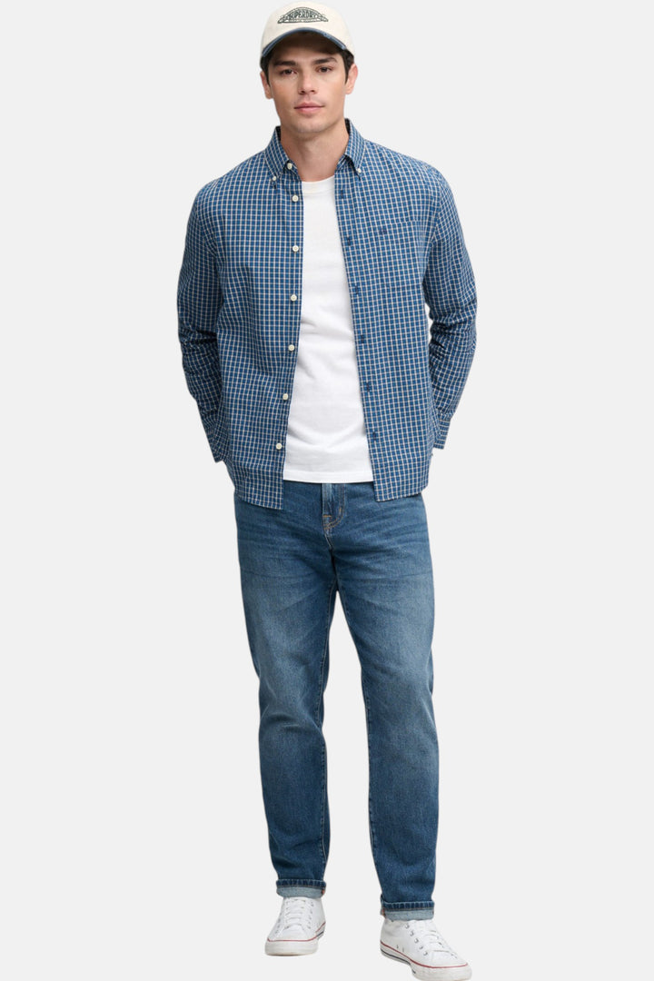 Superdry poplin long-sleeve shirt with blue check, button-front and point collar