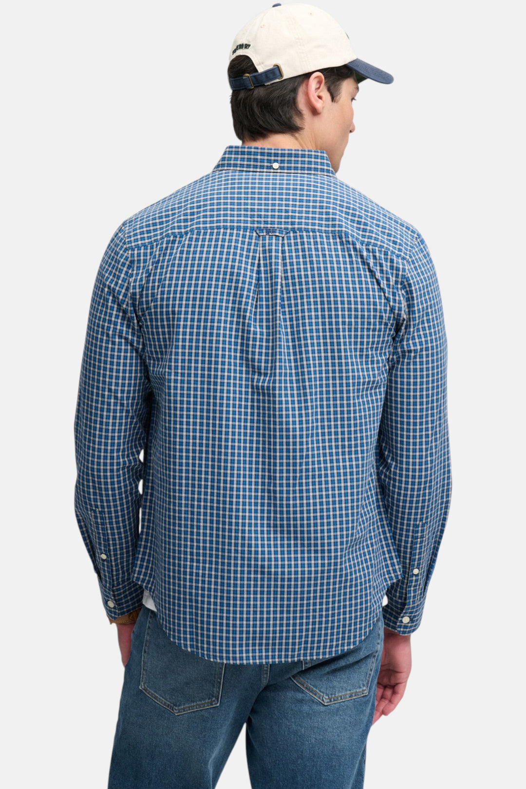Poplin long-sleeve shirt in blue check with button placket, back view