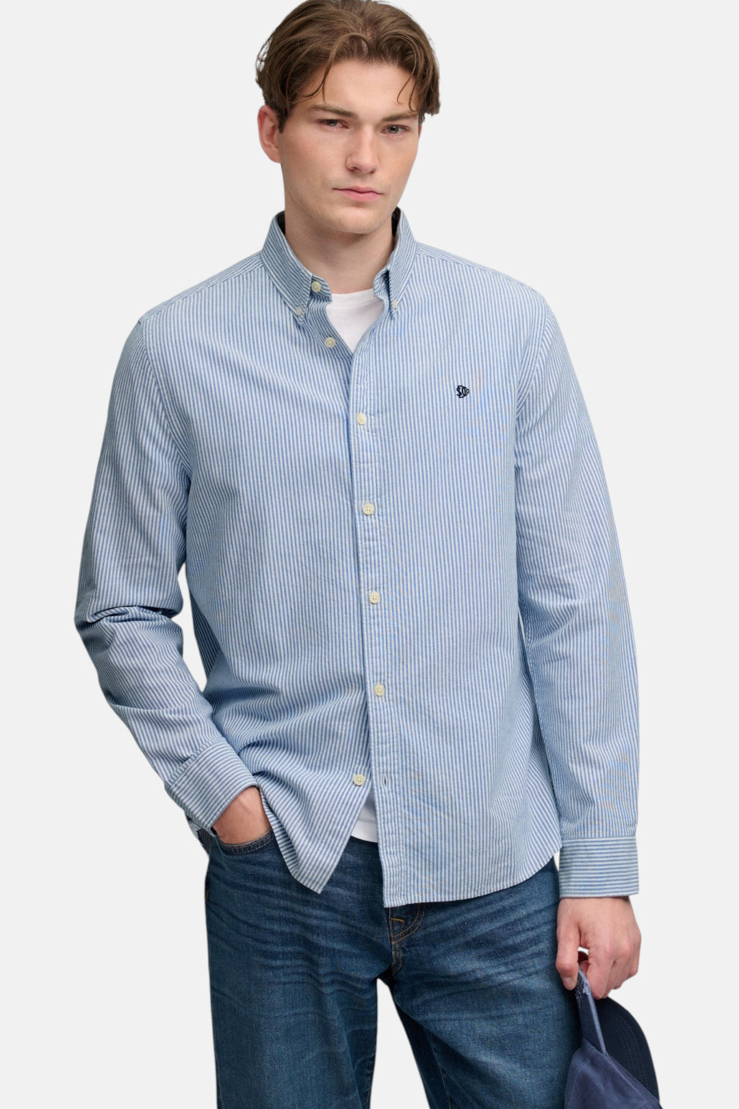 Men's blue mini-stripe button-up long-sleeve shirt with chest logo