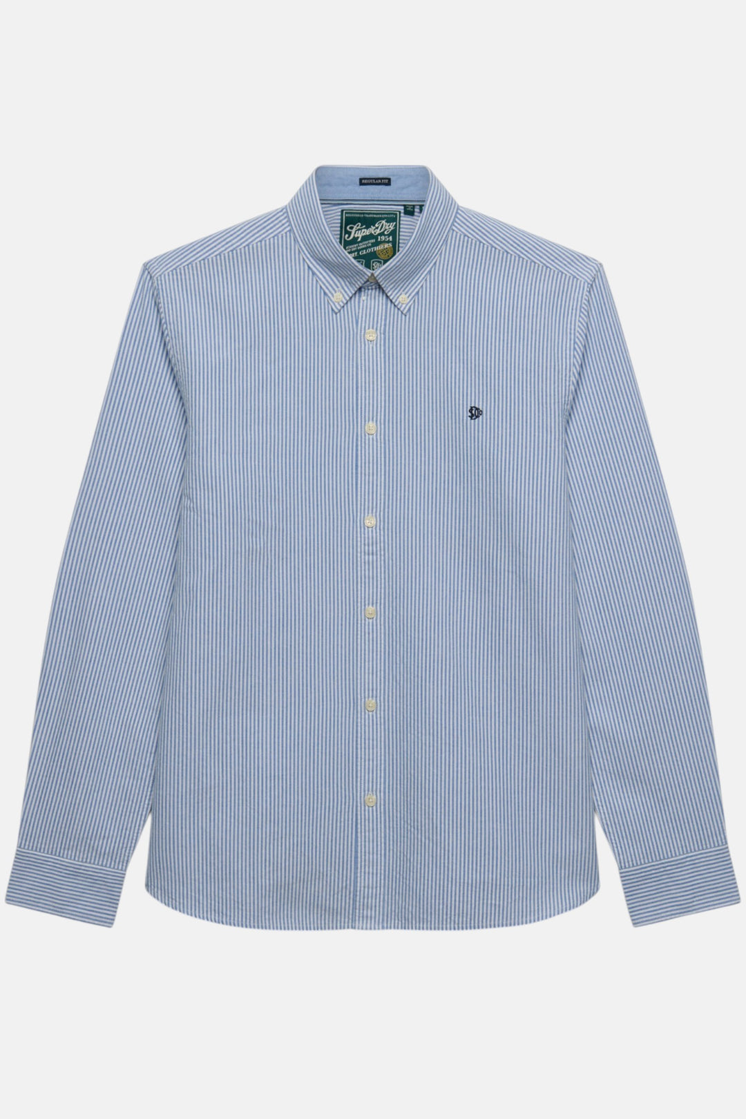 Men's blue mini-stripe Oxford button-up shirt, front view