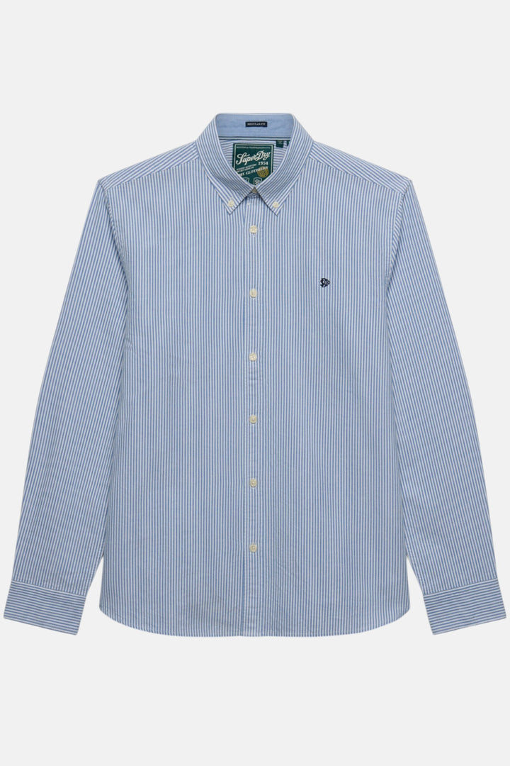 Men's blue mini-stripe Oxford button-up shirt, front view