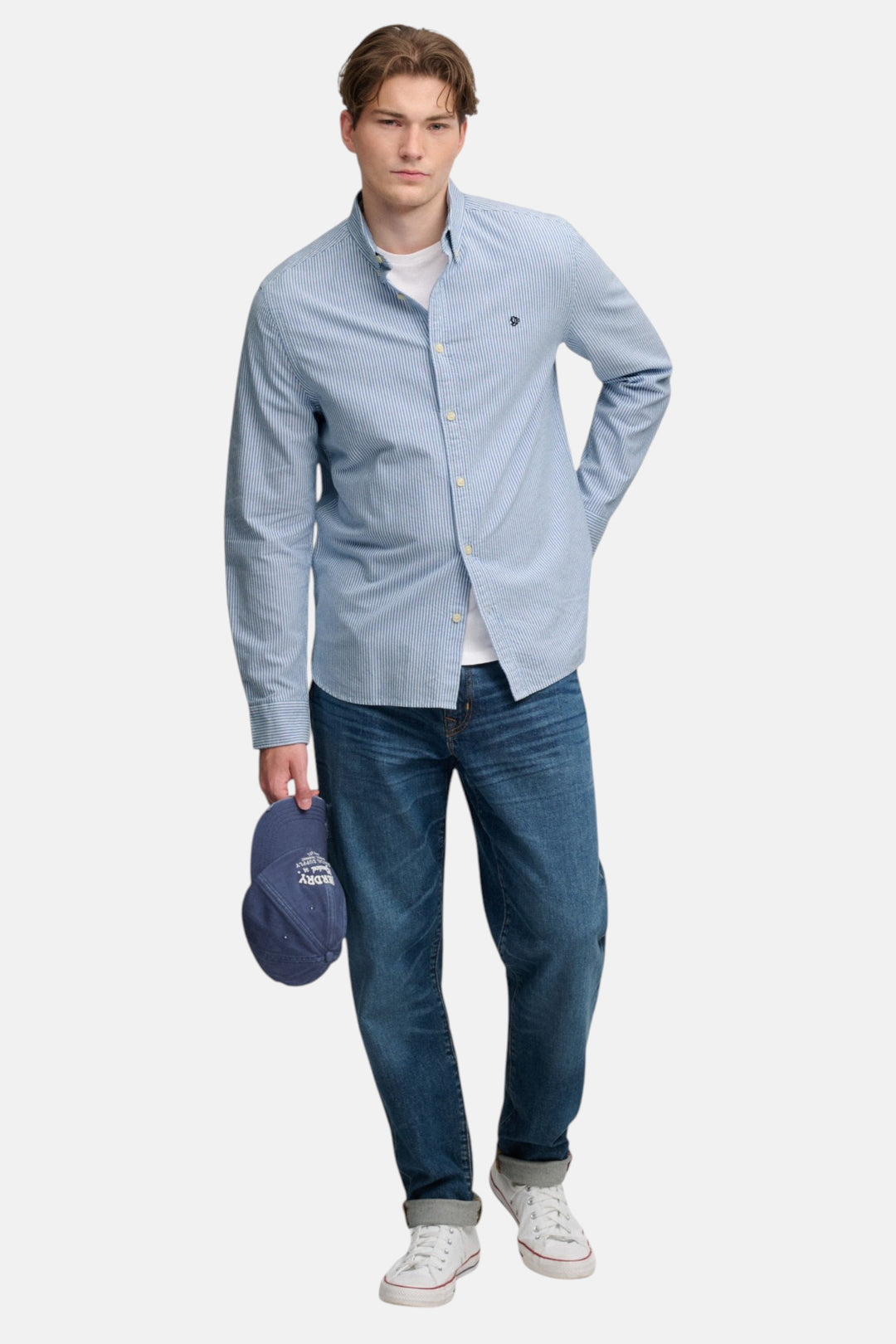 Men's blue mini-stripe Oxford long-sleeve shirt with button-up collar