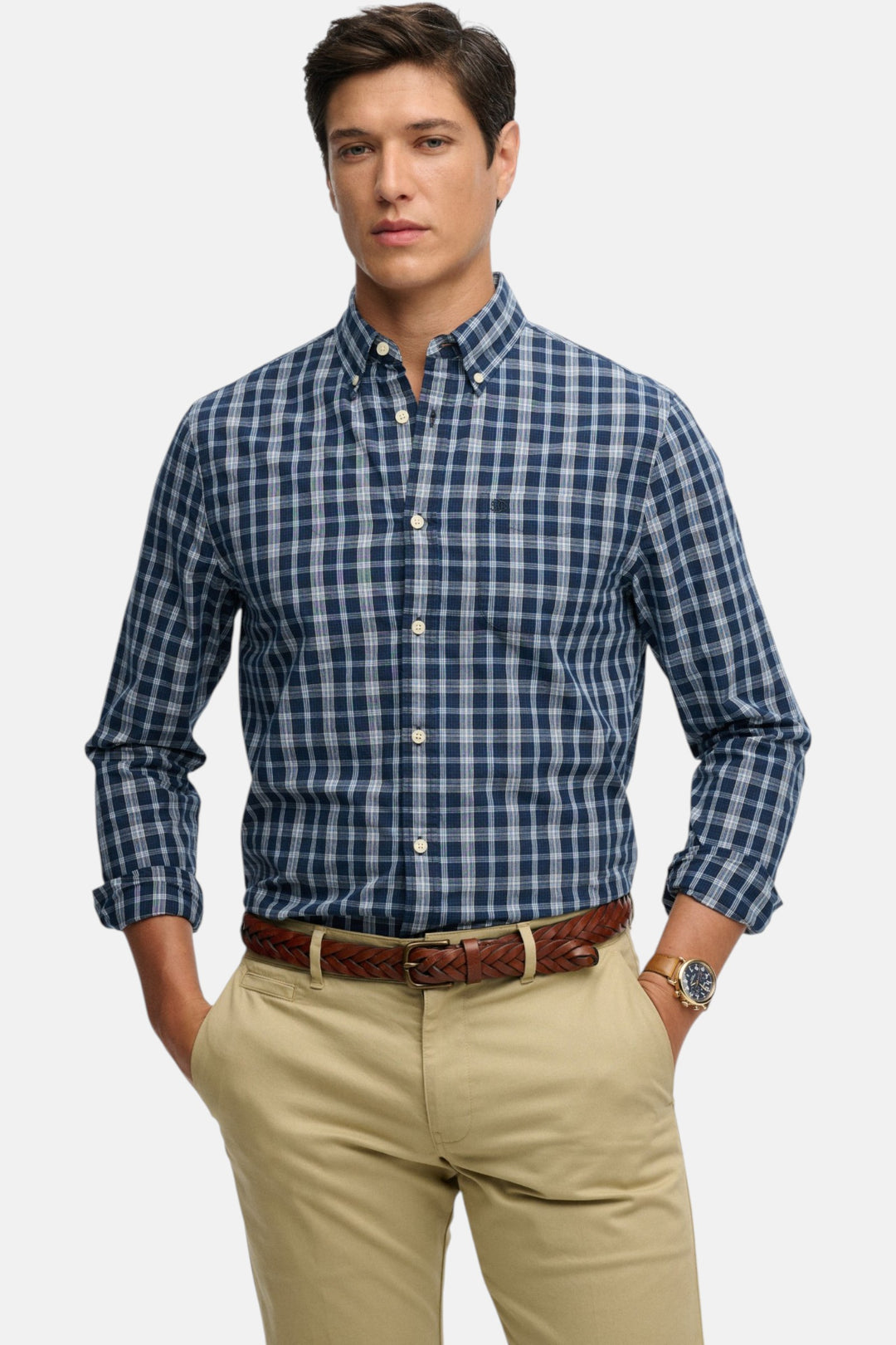 Men's long-sleeve navy check button shirt with classic collar