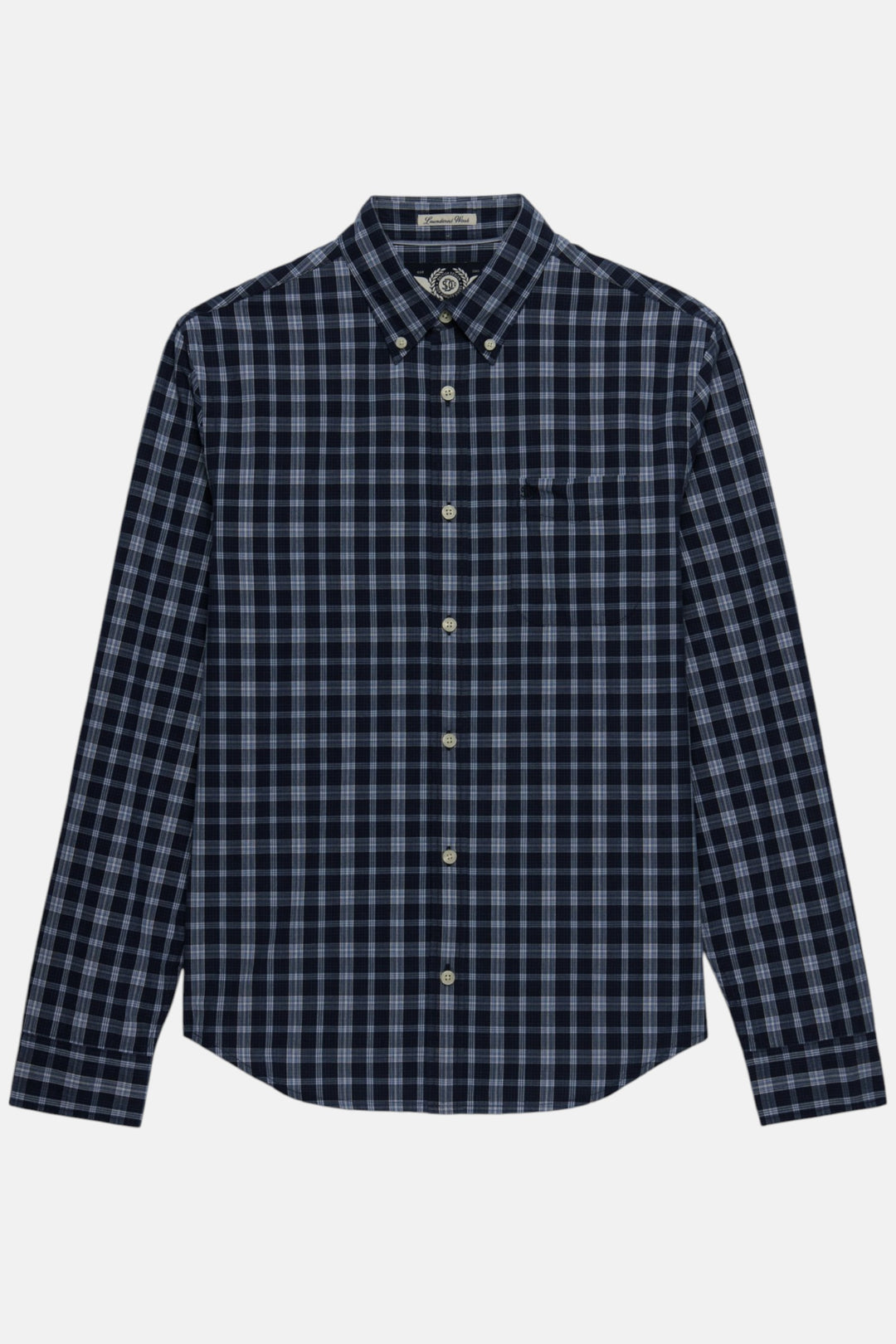 Navy check long-sleeve button shirt with pointed collar and front placket