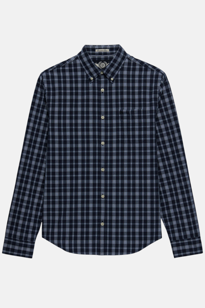 Navy check long-sleeve button shirt with pointed collar and front placket