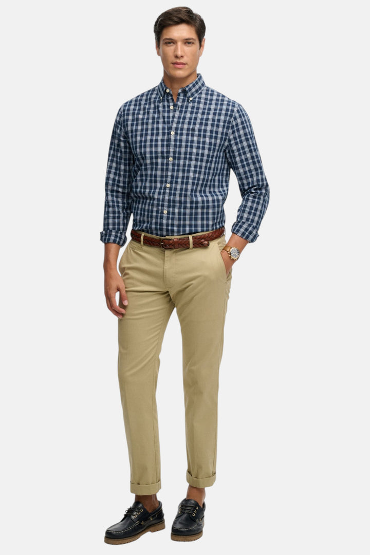Men's long-sleeve navy check poplin shirt, button-front and button cuffs