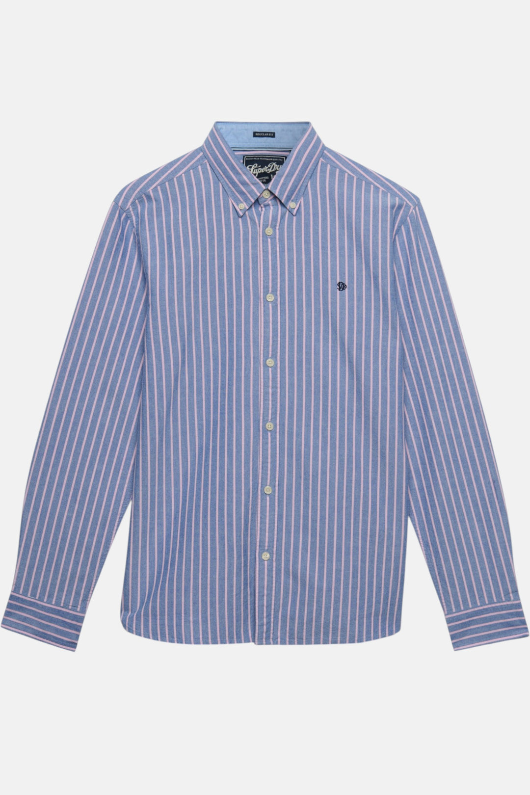 Long-sleeve oxford button-down shirt, blue with pink vertical stripes and button front.