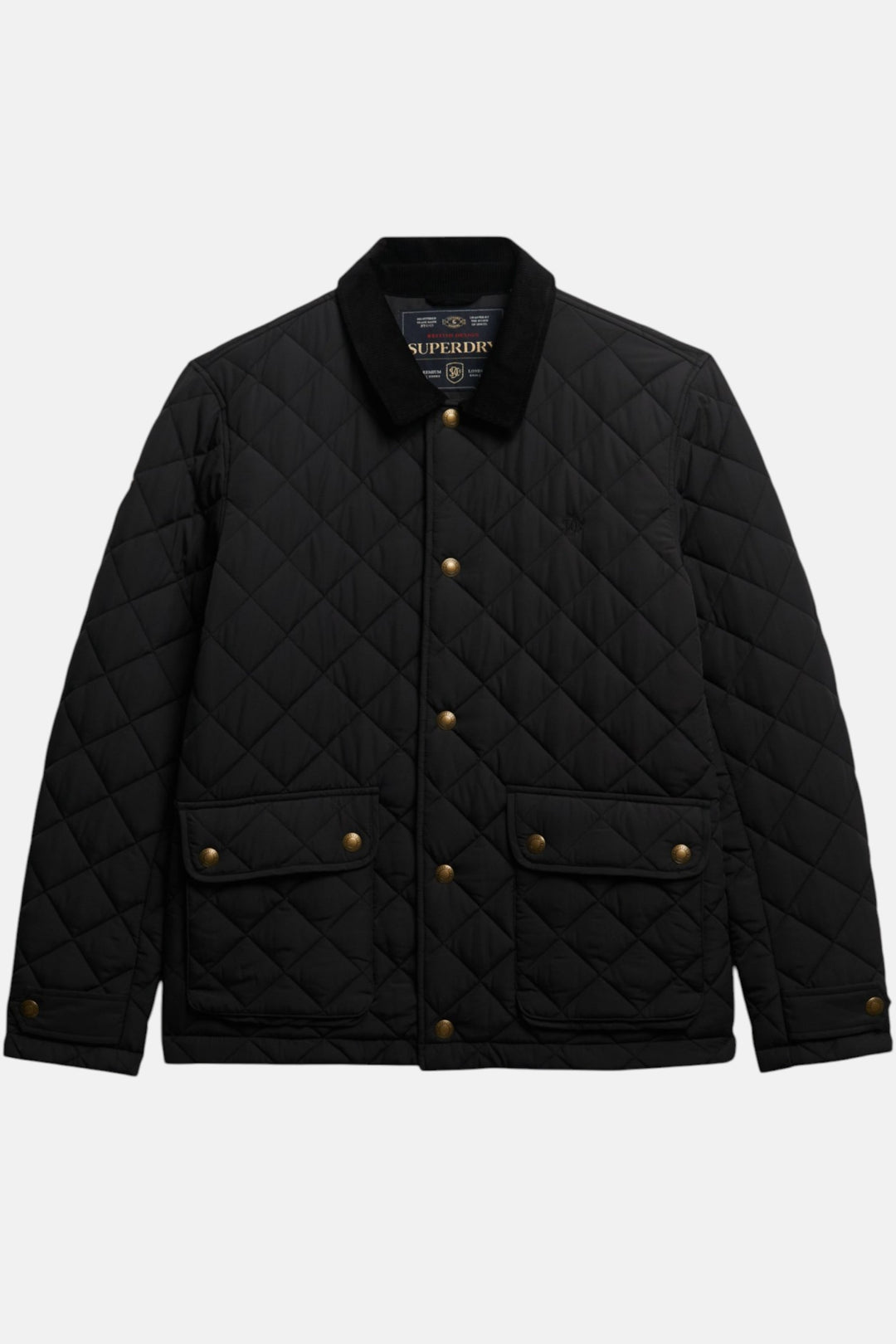 Black quilted coach jacket, button-front, snap chest pockets, diamond stitch.