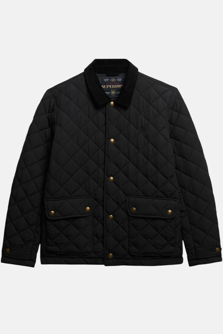 Black quilted coach jacket, button-front, snap chest pockets, diamond stitch.