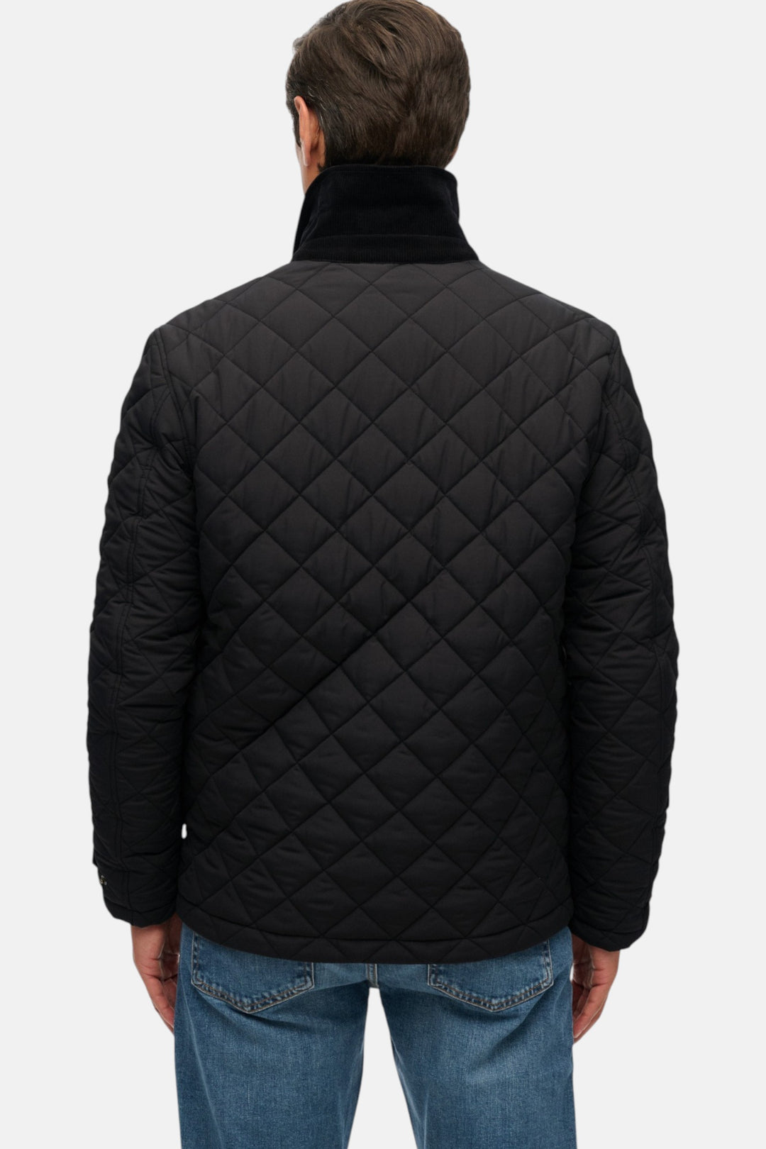 Quilted coach jacket back view, black diamond pattern, full button placket.