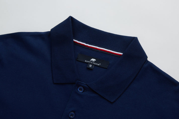 Navy polo shirt with fold-over collar and button placket