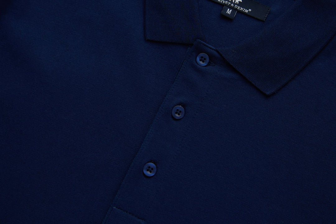 Navy polo shirt chest view with three dark buttons on placket