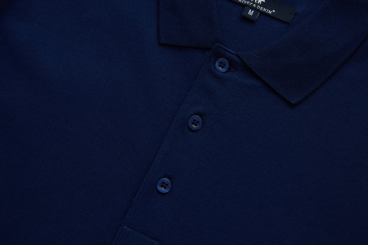 Navy polo shirt chest view with three dark buttons on placket
